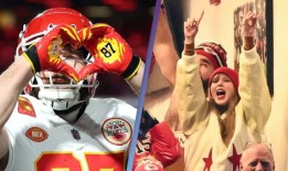 在酋长队对阵比尔队的达阵庆祝活动中，特拉维斯·凯尔斯向泰勒·斯威夫特致敬